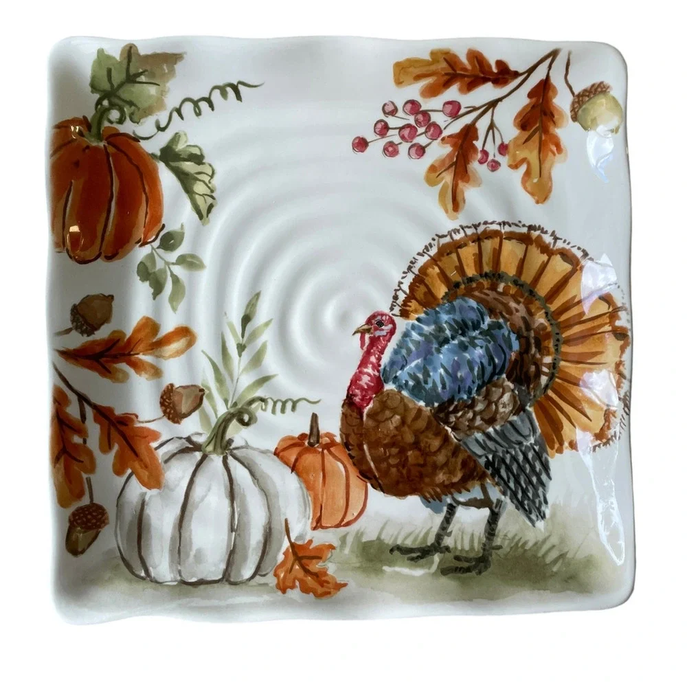 MAXCERA Thanksgiving Turkey Pumpkin Dinner Plates 11in Square Ceramic Set of 3